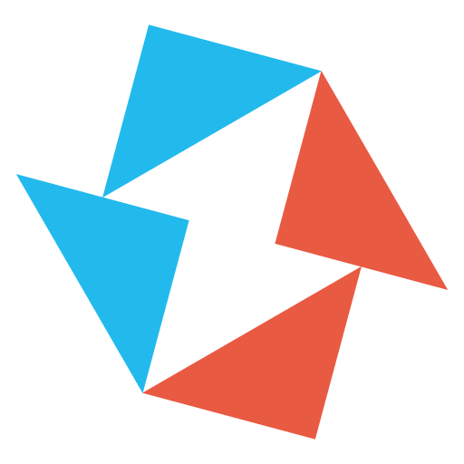 Abstract geometric logo with blue and coral triangles arranged in a pinwheel pattern